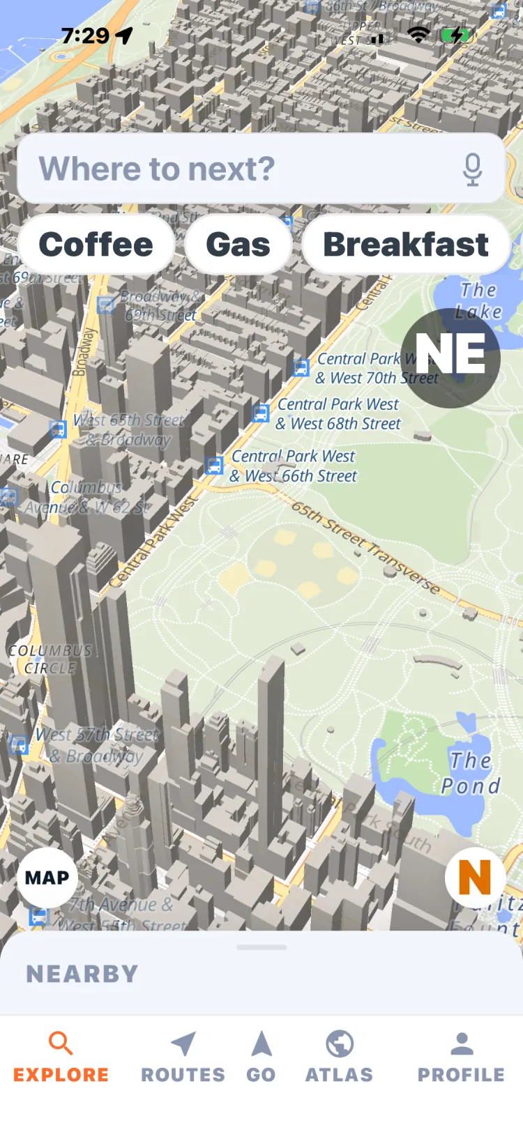 The MapMend app showing a 3D map of Central Park and Manhattan